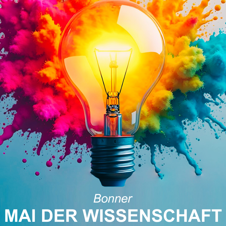 Eine große leuchtende Glühbirne vor explosionsartigen Farbpulverwolken in Pink, Orange, Gelb und Blau; unten Text „Bonner“ und in großer Schrift „MAI DER WISSENSCHAFT“ auf blauem Hintergrund.