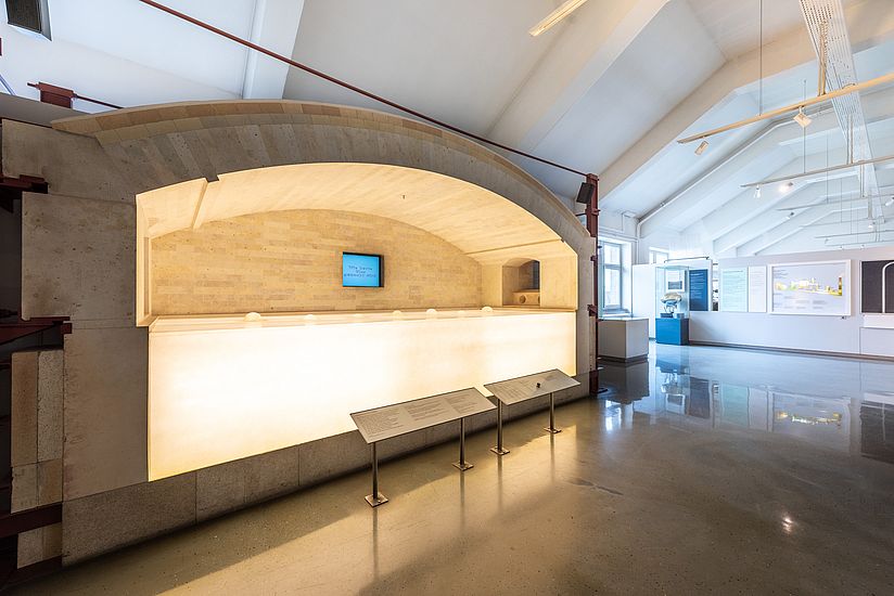 View inside the Glass Technology exhibition area, with a glass furnace.