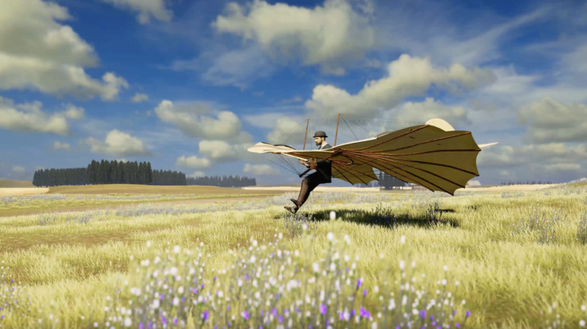 Screenshot einer Virtual Reality Szene von Lilienthal im Flug mit dem Lilienthalgleiter
