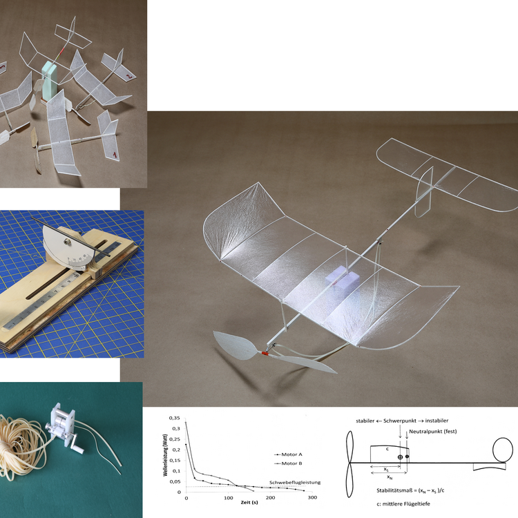 Collage mehrerer Bilder von leichtgewichtigen Gummimotormodellflugzeugen und Zubehör: in der Mitte ein fertiges freitragendes Steckgleiter-Modell mit transparenten Flügeln, hohem Pfeilprofil und zweiblättrigem Holzpropeller; oben links mehrere kleine Rumpf- und Flächenvarianten sowie nummerierte Ersatzteile auf braunem Untergrund; oben rechts eine technische Bleistiftzeichnung eines Gummimotor-Eindeckers mit angedeutetem Propeller und Wurfholm; links unten ein Fräszirkel-/Einstellbrett auf blauem Schneidegitter zum Ausrichten von Flügeln; rechts mittig ein hängendes, schmaler Rumpfmodell mit reflektierenden Flügeln an Hallendecke; unten links Gummimotoren- und Aufziehgarn mit Kurbelmechanik; unten mittig ein Diagramm/Graph zur Leistungs- bzw. Stabilitätsmessung von Motoren und Flächen; unten rechts Messaufbau mit Stoppuhr, Messuhr, Kurbel und Messprotokoll.