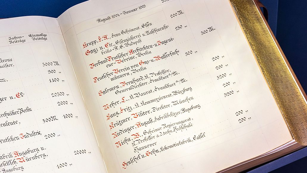 Ein aufgeschlagenes Buch mit Namenslisten von Stiftern.