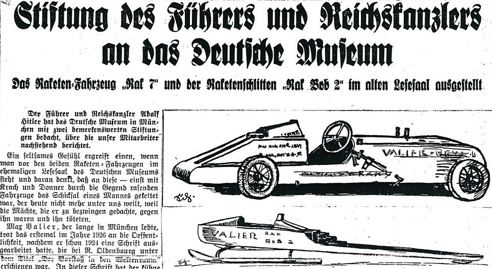 Zeitungsauschnitte mit Berichten zur Schenkung der Raketenfahrzeuge von Max Valier an das Deutsche Museum 1934.