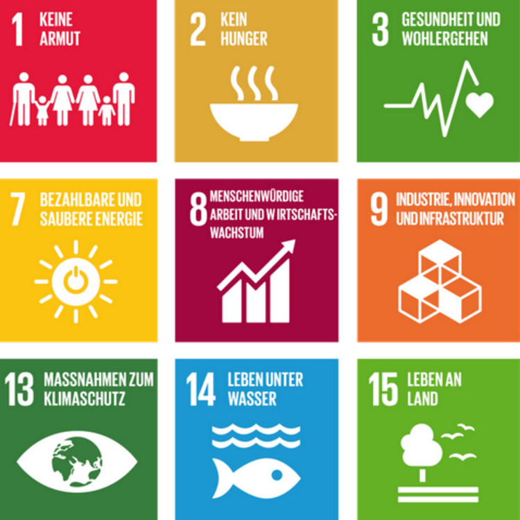 Infografik zeigt die 17 Nachhaltigkeitsziele, beschlossen 2015 von den Vereinten Nationen.