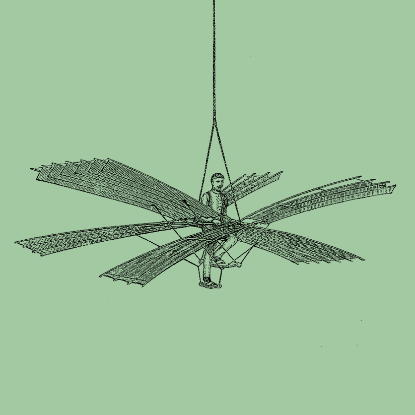 Luft- und Raumfahrt Abgebildet ist ein Mensch, der aufgehängt an einem Seil, mit einem Flügelschlag-Experimentiergerät, zusammengesetzt aus drei Flügelpaaren, das Fliegen erprobt.