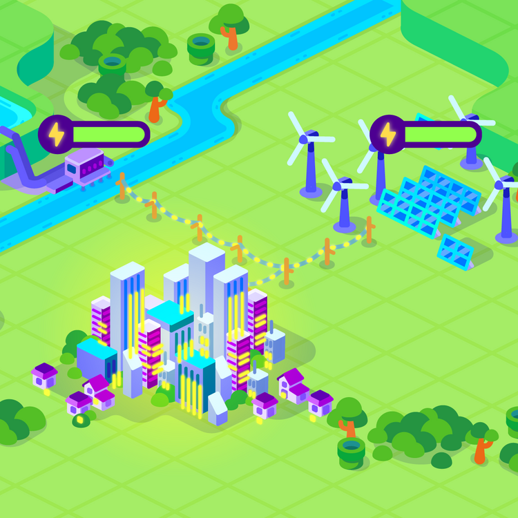 Comic-Illustration einer Stadt, die über Stromleitungen mit Solar- und Windenergieanlagen sowie Wasserkraftwerk verbunden ist.