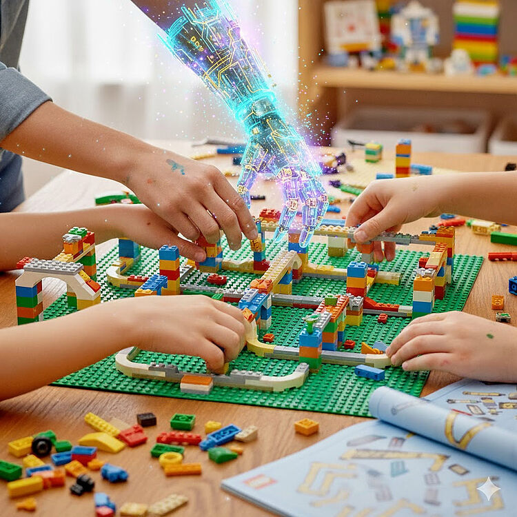 Mehrere Kinderhände bauen gemeinsam eine bunte Konstruktion aus LEGO-Steinen auf einer grünen Grundplatte. Zwischen ihnen erscheint eine leuchtende, holografische Roboterhand, die ebenfalls beim Bauen hilft. Auf dem Tisch liegen verstreut weitere LEGO-Teile sowie ein aufgeschlagenes Bauheft.