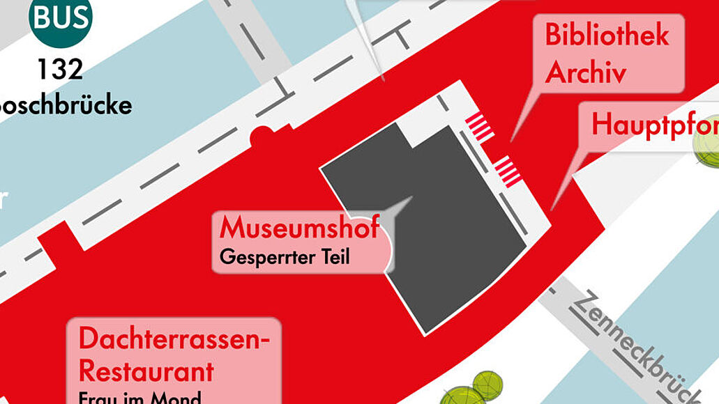 Lageplan 2025 zeigt den teilweise gesperrten Museumshof mit dem Zugang zur Bibliothek