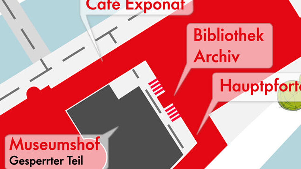 Lageplan 2025 zeigt den teilweise gesperrten Museumshof mit dem Zugang zur Bibliothek