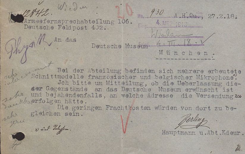 Angebot der Königlich Bayerischen Armeefernsprechabteilung zur Überlassung im Ersten Weltkrieg erbeuteter französischer und belgischer Mikrofone und Telefone an das Deutsche Museum (Archiv, VA 1837/1).