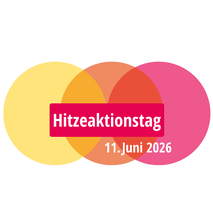 Drei überlappende farbige Kreise (gelb, orange, pink) mit rotem Banner in der Mitte: „Hitzeaktionstag“ und darunter Datum „11. Juni 2026“.