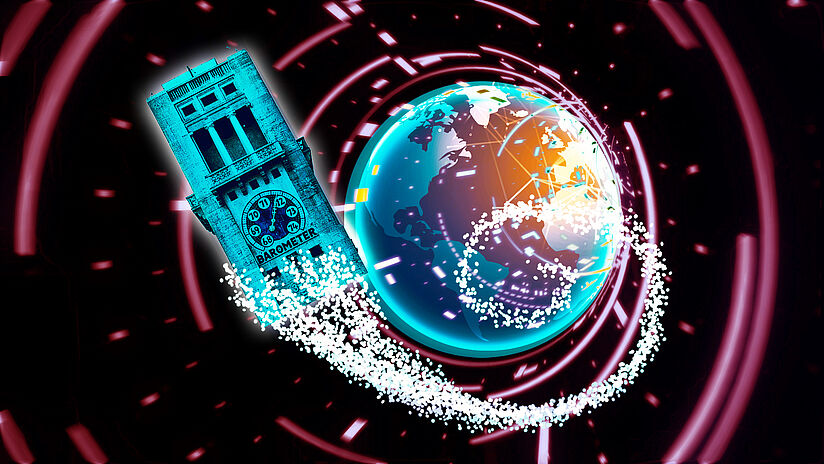 Plakatmotiv "Eine Reise durch die Zeit" zeigt den Museumsturm als Tardis von der Erde wegfliegen.