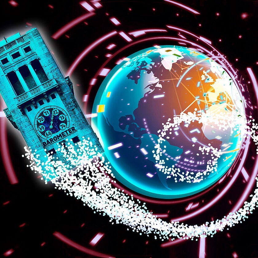 Plakatmotiv "Eine Reise durch die Zeit" zeigt den Museumsturm als Tardis von der Erde wegfliegen.