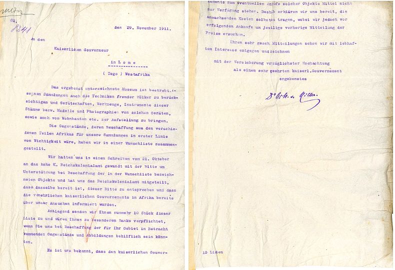 Durchschlag des Anschreibens an die Kolonialverwaltung von Deutsch-Togo 1911 (Deutsches Museum Archiv VA 0180/5).