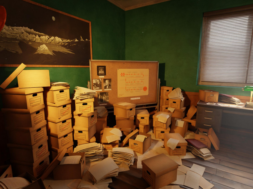 Ein unaufgeräumtes Büro mit vielen Kisten.