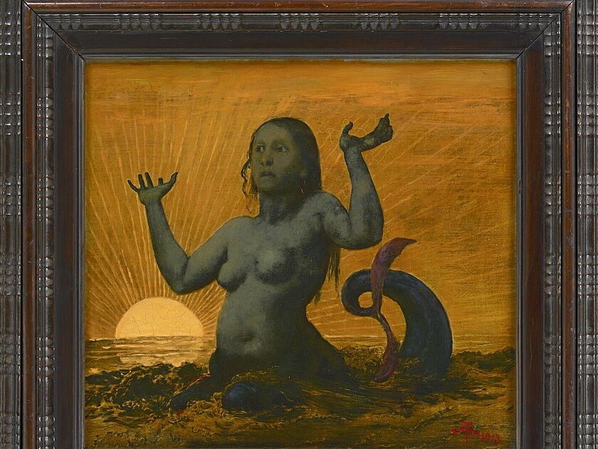 Gemälde: Hans Thoma, "Meerjungfrau", 1913, Öl auf Metallplatte, 41 x 45 cm. Deutsches Museum, Inv.-Nr. 1995-201.