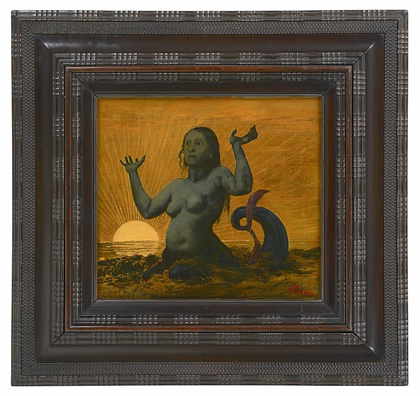 Gemälde: Hans Thoma, "Meerjungfrau", 1913, Öl auf Metallplatte, 41 x 45 cm. Deutsches Museum, Inv.-Nr. 1995-201.