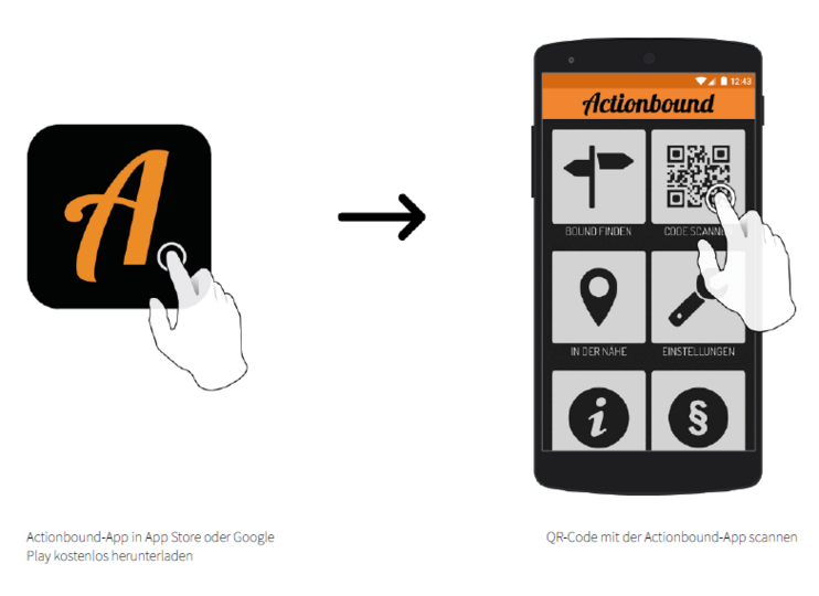 Anleitung zu Nutzung der App Actionbound. Die App muss zuerst im App Store oder Google Play Store heruntergeladen werden. Danach kann der QR-Code des Bounds mit der App gescannt werden. Der Code Scanner in der App befiindet sich oben rechts.