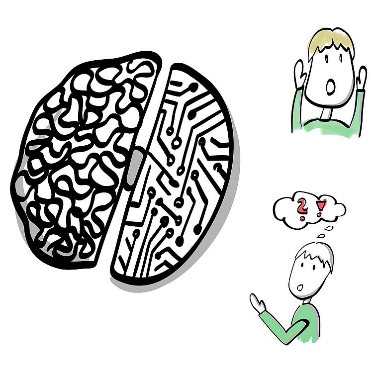 Grafik zur Veranschaulichung Künstlicher Intelligenz. Gehirn aus menschlichem und künstlicher Gehirnhäfte. 