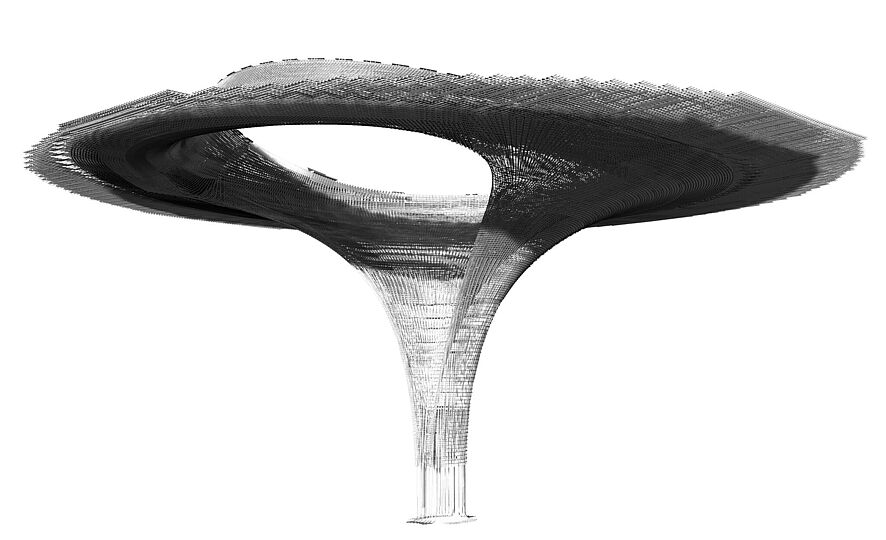 Eine Grafik zeigt das Computermodell des komplexen Stahlgeflechts einer Kelchstütze. 