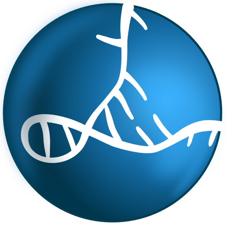 Rundes blaues Icon mit stilisierter weißer RNA/DNA-Doppelhelix-Grafik, die in eine verzweigende, handgezeichnete Struktur übergeht.