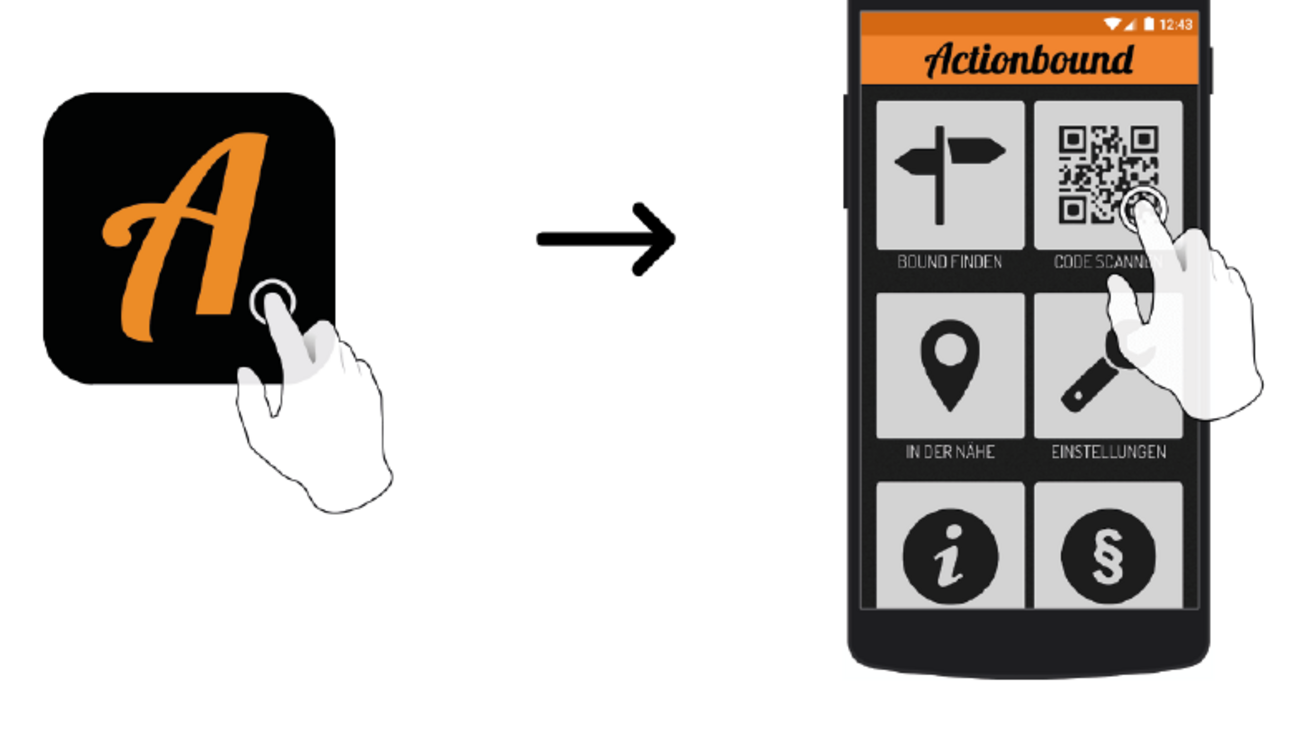 Anleitung zu Nutzung der App Actionbound. Die App muss zuerst im App Store oder Google Play Store heruntergeladen werden. Danach kann der QR-Code des Bounds mit der App gescannt werden. Der Code Scanner in der App befiindet sich oben rechts.