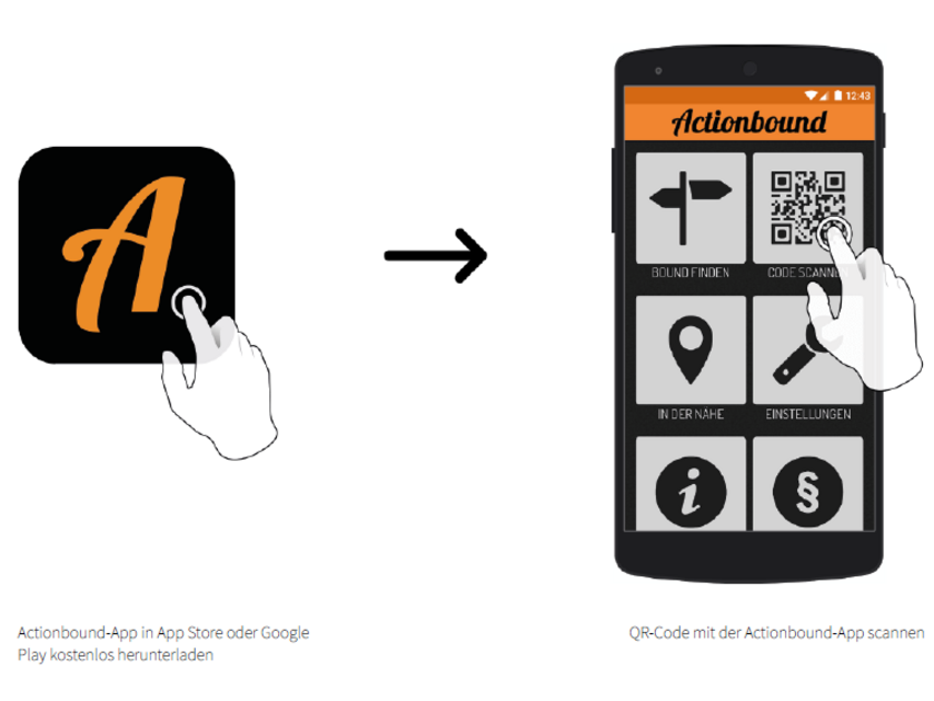 Anleitung zu Nutzung der App Actionbound. Die App muss zuerst im App Store oder Google Play Store heruntergeladen werden. Danach kann der QR-Code des Bounds mit der App gescannt werden. Der Code Scanner in der App befiindet sich oben rechts.