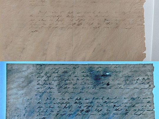 Brief Fraunhofers vom 3. September 1823 Teil der ersten Seite eines Briefs Frauenhofers im sichtbaren und im ultravioletten Licht