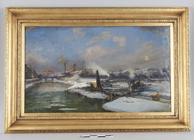 Gemälde in einem vergoldeten Rahmen zeigt das Baugelände des Deutschen Museums.