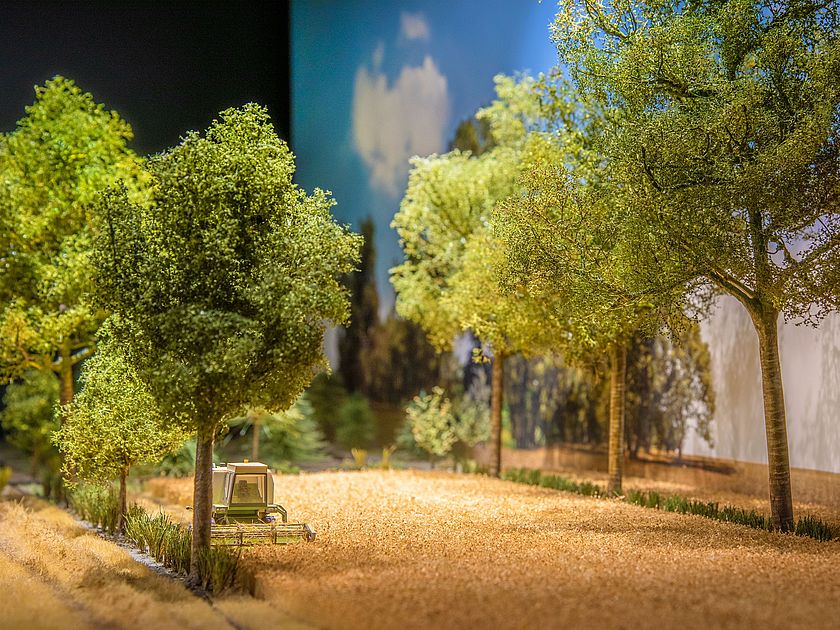 Diorama zeigt einen Traktor auf einem Feld mit angrenzenden Bäumen.
