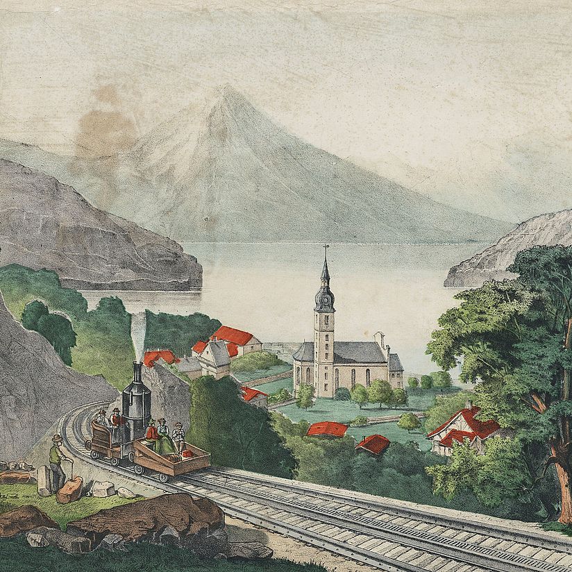 Die Rigibahn. Kolorierte Lithografie der ersten Bergbahn Europas, eingeweiht 21.05.1871. Signatur: GS 01058, CD_75583. Bergbahn mit Passagieren vor Berg- und Seepanorama.