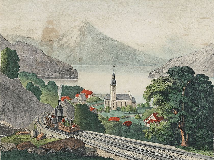 Grafiksammlung_Rigibahn_Archiv_CD_75583.jpg Bergbahn mit Passagieren vor Berg- und Seepanorama.