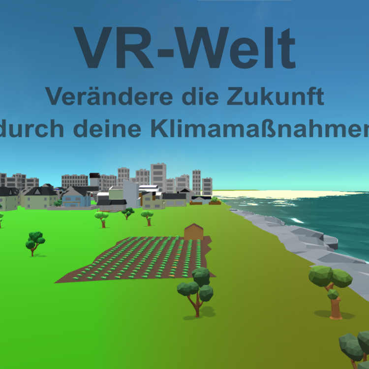 Illustration: Stadt an der Küste und zweite Stadt im Meer, davor eine Landschaft mit Feldern und einem kleinen Haus