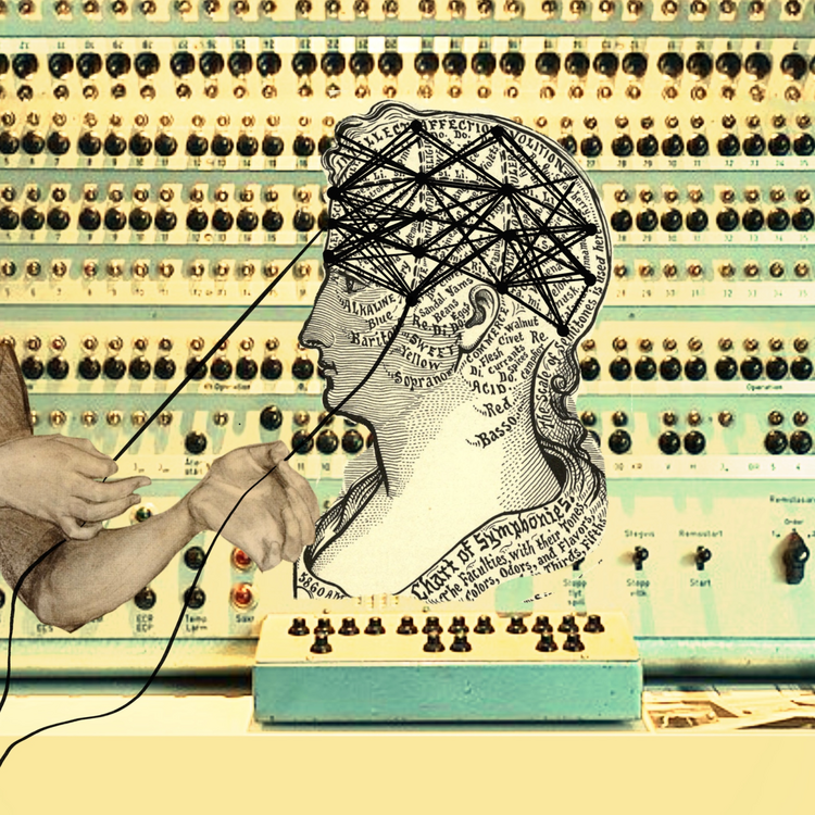 A collage featuring a vintage illustration of a woman’s head mapped with labeled sections resembling a phrenology chart. The mapped sections are overlaid by a neutral network diagram– depicting crisscrossing black lines. Two anonymous hands extend from the left side, pulling on two wires from the diagram. In the background is a panel of the Turing Machine with numerous knobs and switches, highlighting a connection between the history of computing, psychology, biology, and artificial intelligence.