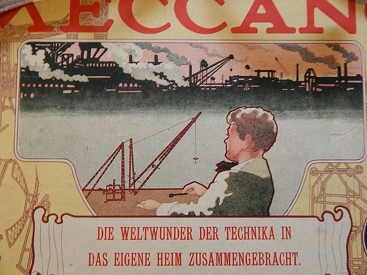 Illustration (Detail) für die Meccano Metall Konstruktionsset Verpackung, frühes 20. Jh.