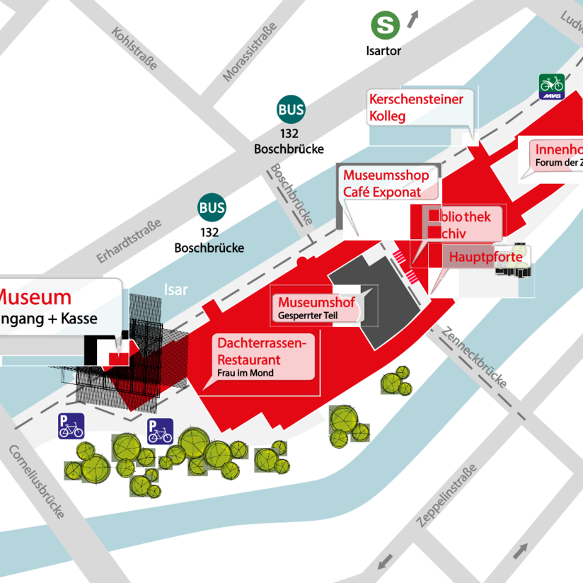 Ein Lageplan des Deutschen Museums auf der Museumsinsel mit Anbindung an den öffentlichen Nahverkehr.