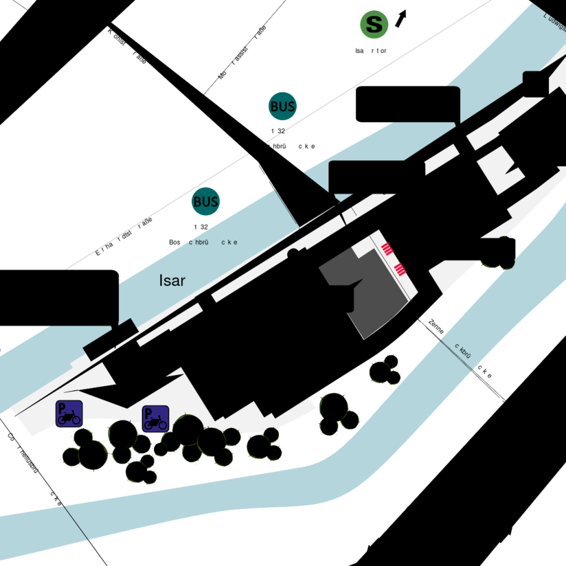 Ein Lageplan des Deutschen Museums auf der Museumsinsel mit Anbindung an den öffentlichen Nahverkehr.