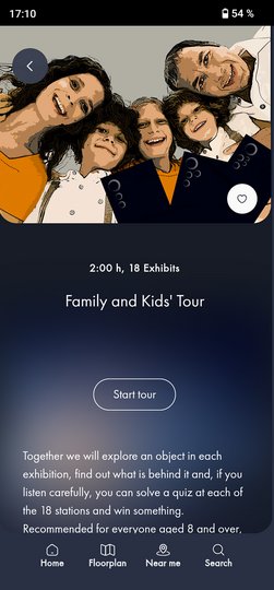 Screenshot einer Museums-App im Hochformat: oben eine stilisierte, teilweise verpixelte Familienillustration, Statusleiste mit Uhrzeit 17:10 und Akku 54%; Mitte Text "2:00 h, 18 Exhibits" und Titel "Family and Kids