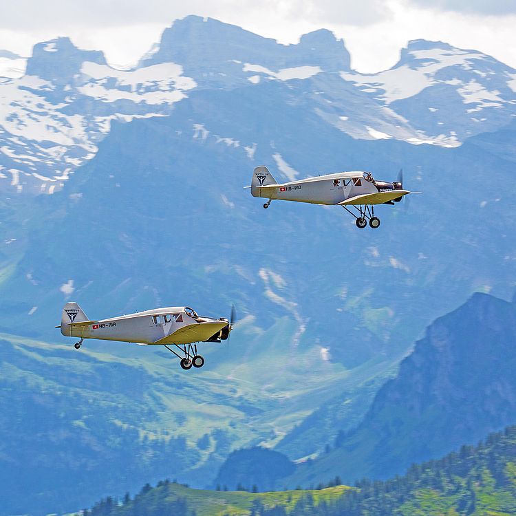 Zwei Junkers F 13 in der Luft. Im Hintergrund ist ein Bergpanorama.