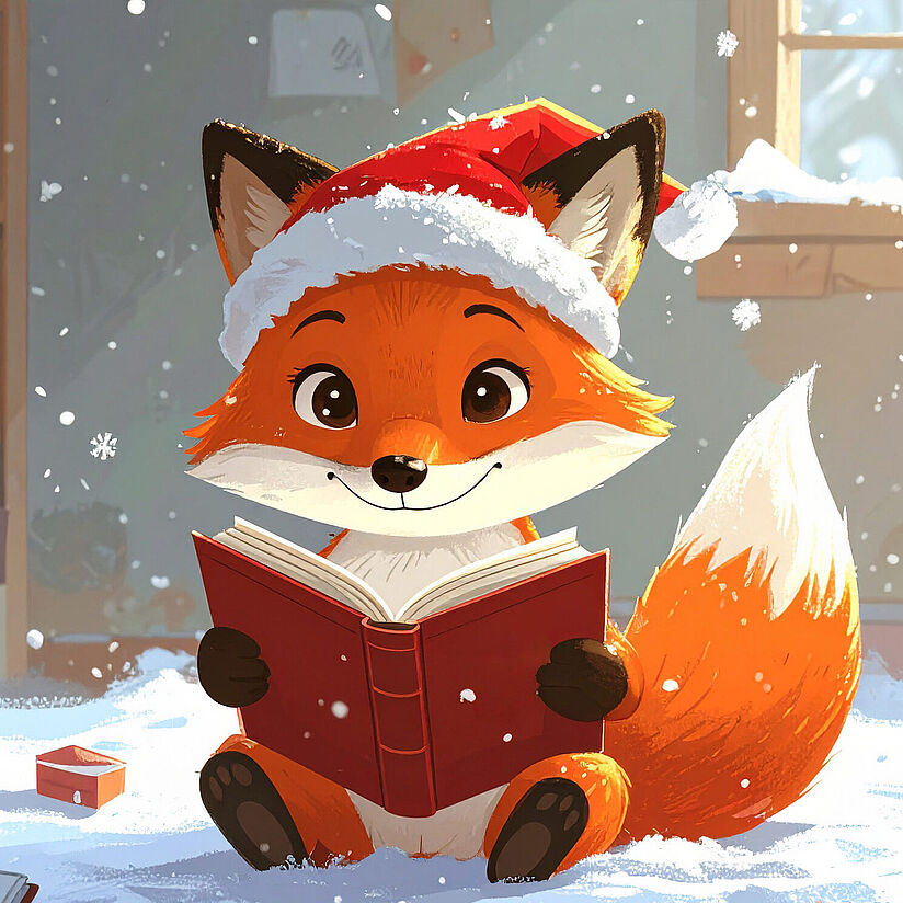 Illustration zeigt einen Fuchs mit Weihnachtsmütze, der Kindern ein Buch vorliest.