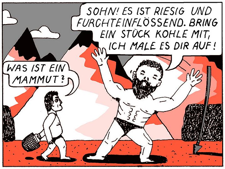 Comic Altamira Teil 3. Sohn fragt den Vater: "Was ist ein Mammut?" Darauf antwortet der Vater: "Sohn! Es ist riesig und furchteinflößend.Bring ein Stück Kohle mit, ich male es dir auf!".