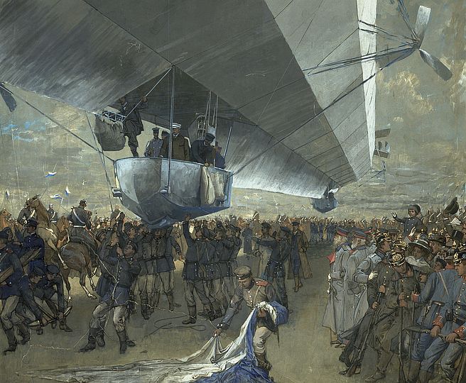 Gemäldeentwurf (Ausschnitt) von Michael Z. Diemer, der die große Menschenmenge bei der Landung des Zeppelins LZ 3/Z I am 1.4.1909 in München zeigt.
