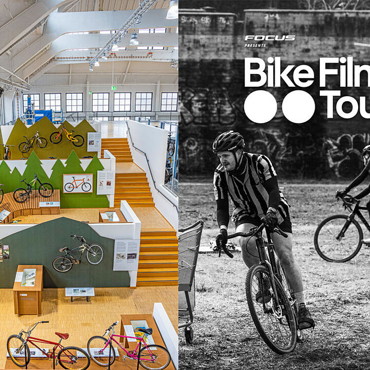Links: helle Fahrrad-Ausstellung in einer Halle mit mehrstufigen grünen Podesten in Form von Bergen, mehreren ausgestellten City- und Mountainbikes, Holztreppen und großen Fenstern; rechts: schwarz-weiß Foto von Radfahrern bei einem Cyclocross-/Gravel-Rennen, vorn ein Fahrer mit Helm und gestreiftem Trikot, darüber Text-Logo "Bike Film Tour" (Season 2) auf dunklem Hintergrund.