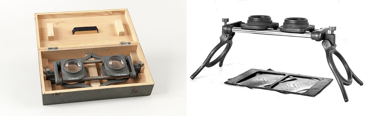 A WWI stereoscope for recreating three-dimensionality by watching a pair of two-dimensional aerial images. The 3-D effect favored the detection of camouflage. 