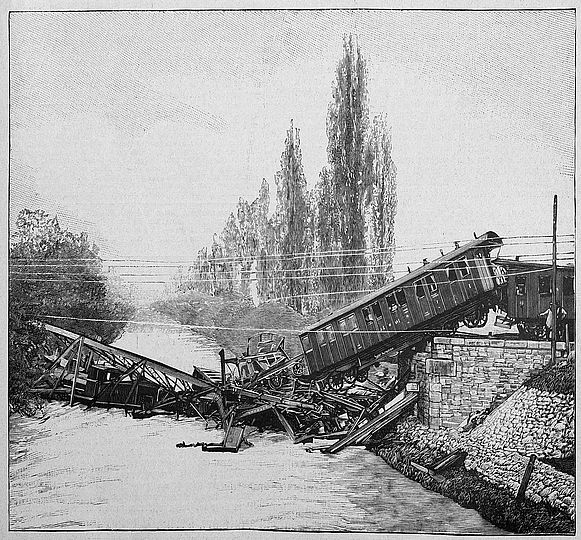 Photoxylographie der im Jahr 1891 eingestürzten Eisenbahnbrücke bei Münchenstein 