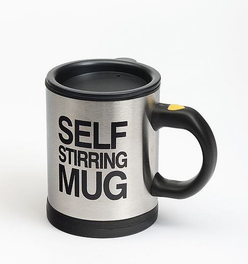 Thermoisolierte Tasse mit der Aufschrift "Self Shirring Mug".