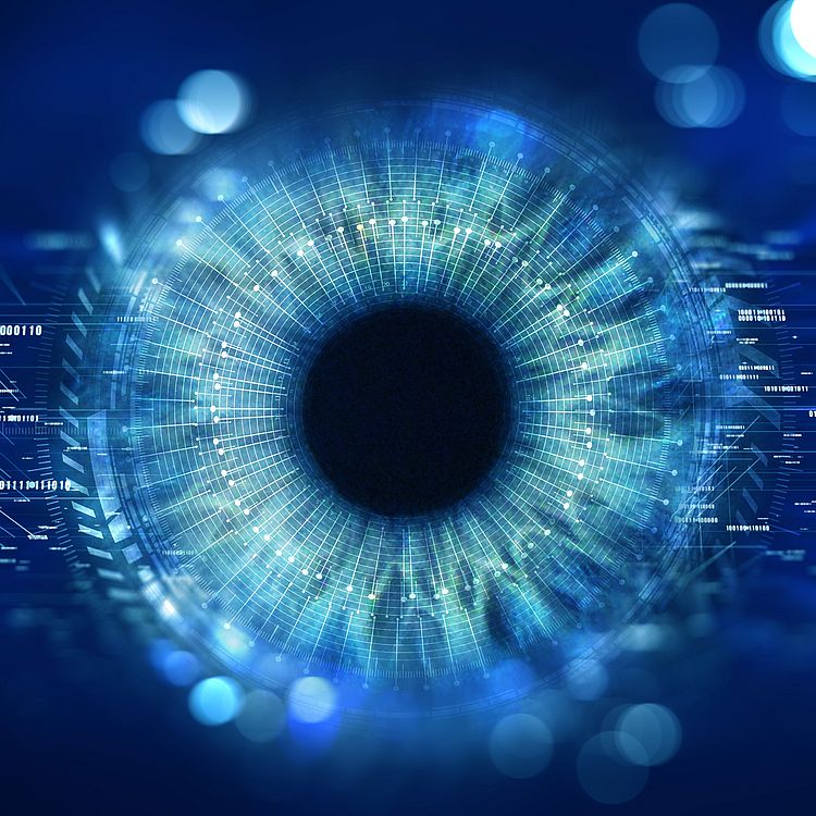 Das Auge, das digitale Informationen betrachtet, die durch Kreise und Zeichen dargestellt werden, Tiefenschärfe im Hintergrund.