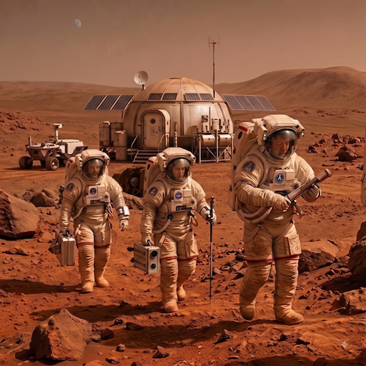 Drei Astronauten in beigen Raumanzügen wandern über eine rote, steinige Marslandschaft vor einer Kuppelbasis mit Solarpaneelen, einer Antenne und einem Rover; einer trägt ein Handgerät, die anderen Koffer und Messinstrumente, Mond oder Phobos am Himmel.