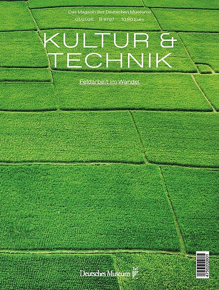 Eine grüne Wiese zieht sich über das ganze Bild. Oben steht "Kultur und Technik. Feldarbeit im Wandel"
