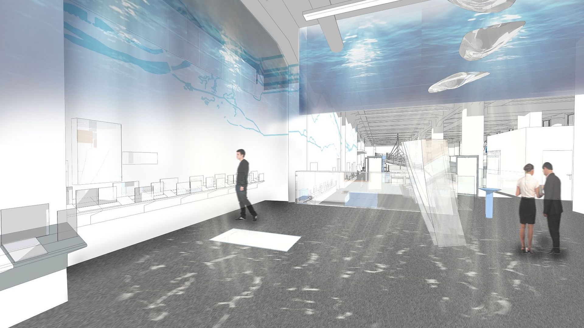 Rendering Brücken und Wasserbau Blick auf den Entwurf für die neue Ausstellung Brücken und Wasserbau mit Vitrinen und medialen Elementen