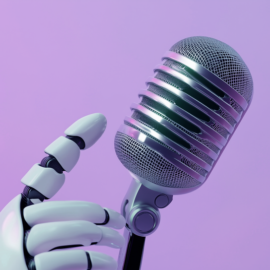 Roboterhand hält Mikro (KI-generiertes Bild)